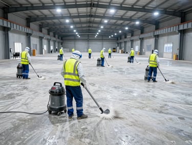 Wide shot of a professional cleaning crew in high-visibility vests and PPE, using industrial vacuums and equipment to clean a large, newly constructed concrete floor in a factory, under bright work lights.