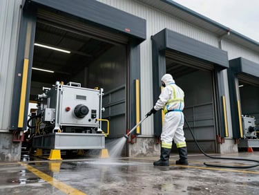 Low-angle shot of a crew member in PPE operating a high-pressure washer on a loading dock area, cleaning industrial equipment, cool steel tones, safety yellow accents.