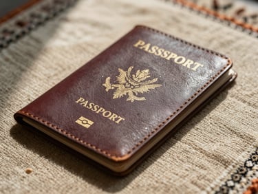 Extreme close-up of a weathered leather-bound passport holder resting on a woven prayer mat, natural north-facing window light casting soft shadows across the textile grain, no people visible