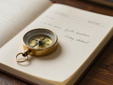 Extreme close-up of a handwritten itinerary on cream paper, a brass compass resting beside it on a dark wooden desk surface, soft north-facing daylight, no people, deliberate composition of planning objects