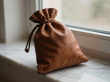 Close detail of a hand-stitched leather ihram bag resting on a marble ledge, natural north-facing window light, muted warm tones, no people visible, fine textile texture in the foreground