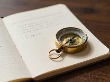 Close detail of a hand-written itinerary on cream paper, a vintage brass compass resting beside it on a dark wood surface, soft north-facing daylight from the left, no faces visible