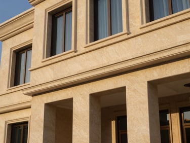 Close-up architectural shot of a luxury Saudi villa facade, clean lines, beige stone, warm golden hour light, high-end residential design.