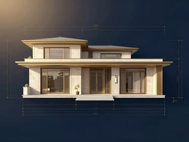 A clean architectural floor plan design of a luxury modern villa, minimalist elegant gold lines on a deep navy background, technical drawing style