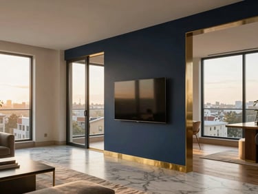 Architectural interior of a modern apartment living room, large windows with soft daylight, premium marble flooring, brass accents.
