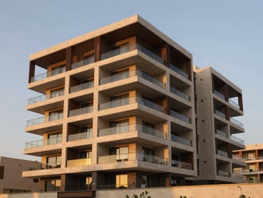 Modern apartment building exterior with spacious balconies, contemporary architectural design, warm ambient lighting, twilight, Riyadh, 35mm lens