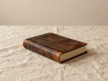 A closed leather-bound bible resting on a textured linen cloth under diffused natural daylight, minimalist and serene composition, warm oatmeal tones.