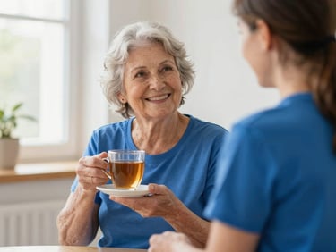 An elderly woman smiling warmly while holding a cup of tea, chatting with a volunteer in a sunlit hall, gentle lighting.