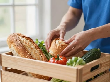 Hands carefully placing fresh bread and colorful vegetables into a wooden donation crate, soft natural window light, shallow depth of field.