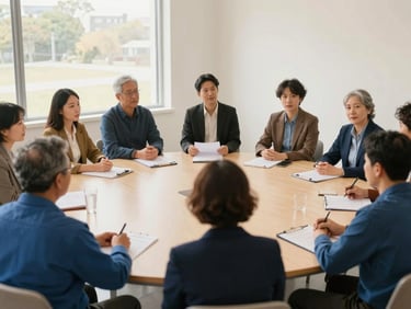 A warm wide shot of a community roundtable meeting, diverse participants, natural window light, professional and welcoming