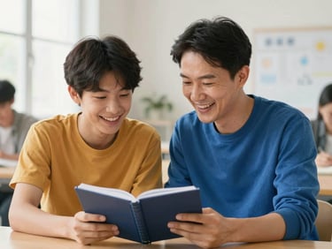 A mentor and a young person laughing together over a shared notebook in a bright, modern community room, warm soft light.