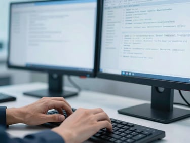 Close-up of hands typing on a keyboard, with blurred medical codes on a dual monitor, bright cool daylight, clinical blue tones, sharp focus, high-end corporate office.