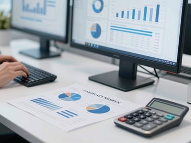 Organized desk with financial charts on a monitor, a calculator, and blurred hands, crisp focus, high-end corporate office, cool daylight.