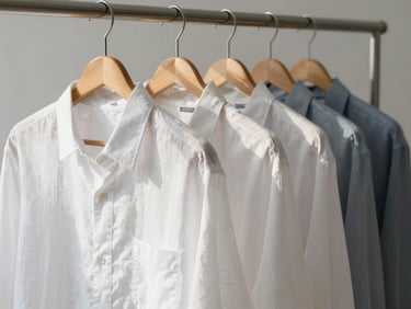 A row of perfectly pressed linen shirts on wooden hangers, soft morning light casting gentle shadows, minimalist backdrop.