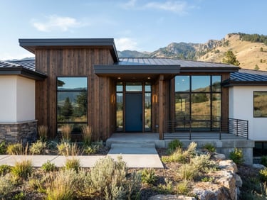 Crisp modern residential exterior in Idaho, clean architectural lines, bright natural afternoon sunlight, sharp focus