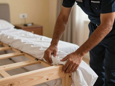 Close-up of a uniformed crew member carefully wrapping a wooden bedframe in protective moving blankets inside a Dubai apartment, even indoor light, warm-sand walls visible in background