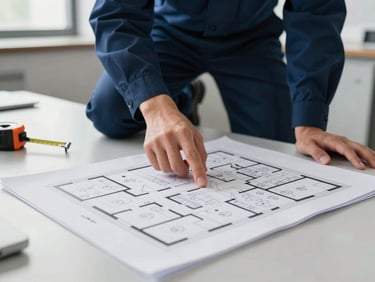 Close-up wide shot of a uniformed crew member kneeling beside a floor plan printout spread on a table, natural office daylight, hand pointing to a room layout detail, measuring tape visible beside the document, neutral background