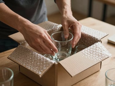 Hands packing fragile glassware into double-walled cardboard boxes with bubble wrap on a table, studio-even light, warm-sand surface, meticulous detail