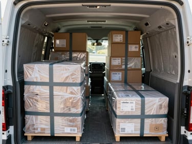 Interior of a moving van showing neatly arranged wrapped furniture secured with straps against padded walls, organized rows of labelled boxes stacked to ceiling height, natural daylight from open van doors in background