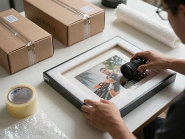 Overhead shot of hands wrapping a framed picture in protective foam on a clean work surface, packing tape and bubble wrap organized alongside, sealed and labelled boxes in the background, even indoor studio lighting