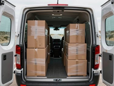Interior of a sealed moving van showing tightly strapped boxes and wrapped furniture arranged in organized rows, rear doors open to a desert highway, midday light
