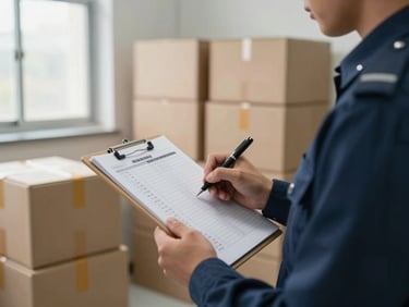 Uniformed crew member holding a clipboard with an inventory checklist, standing in front of stacked organized boxes in a clean room, natural window light from the left, detail shot showing pen marking items on the list