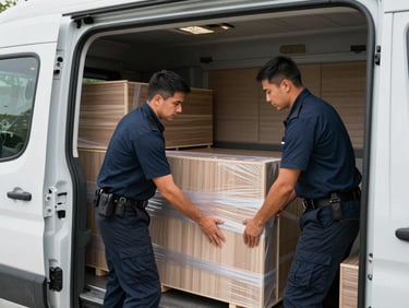 Close environmental shot inside a moving van, a uniformed crew member securing wrapped furniture panels against padded van walls, natural daylight from the open cargo door, organized stacking visible in the background