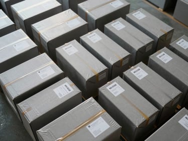 Overhead shot of labeled and sealed office equipment boxes organized in a grid on a warehouse floor, natural daylight, steel-gray tones, uniform stacking