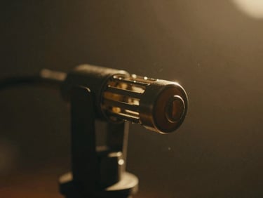 Macro close-up of a vintage tube microphone capsule, soft warm golden backlighting, dust particles in air, shallow depth of field
