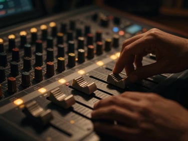 Tight macro shot of hands adjusting solid-state logic console faders, warm console LED glow, deep shadows, cinematic grain