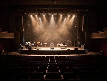 Wide-angle atmospheric shot of an empty concert venue during soundcheck, dramatic stage lighting cutting through haze, rich dark tones
