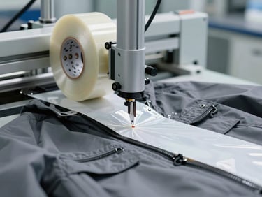 Macro shot of automated seam-sealing tape machine applying waterproof backing to a technical gray shell jacket in a bright, clinical factory environment.