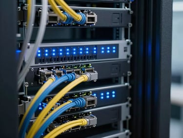 Close-up of a server rack running validation software, flashing blue LED indicator lights, structured Ethernet cables, cool cleanroom lighting, high-precision technical environment.