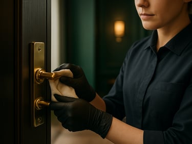 Close-up of a professional cleaner in a neat dark uniform carefully polishing a brass handle in a modern office, soft warm side lighting, 35mm lens