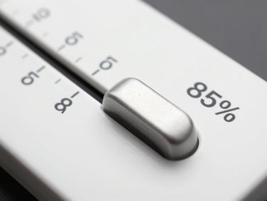 Close-up of a quality slider UI element on a clean white interface, slider handle positioned at 85%, crisp studio lighting, tight crop showing numeric value and label