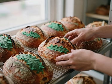 Close-up of hands arranging fresh sourdough loaves on a bakery shelf, overcast window light, warm editorial photography.
