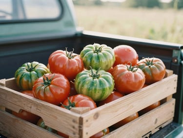 A wooden crate overflowing with freshly picked heirloom tomatoes in deep crimson and forest green, sitting in the bed of a vintage farm truck, soft morning sun, shallow depth of field.