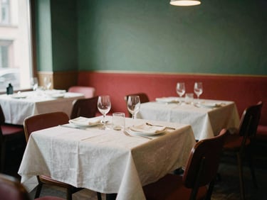 Cozy Scandinavian-style restaurant dining room with warm ambient glow, empty tables set with linen, soft daylight, 35mm film.