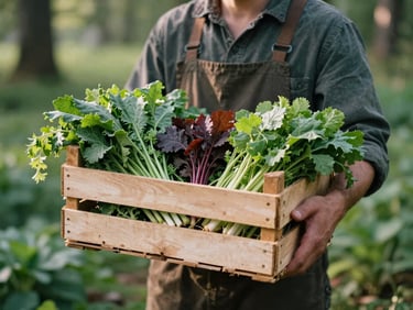A farmer holding a wooden crate of fresh organic greens in soft morning light, rich forest green tones, shallow depth of field.