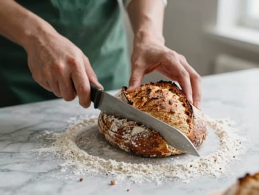 Hands slicing a freshly baked rustic sourdough loaf on a flour-dusted marble counter, soft morning daylight, crumbs falling, rich warm tones, shallow depth of field.