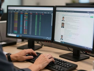 Close-up of call center agent hands on keyboard with dual monitors showing call queue data and customer interaction logs, authentic overhead office lighting, documentary framing, no theatrical effects