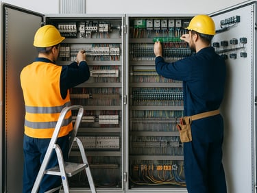 Zwei Elektriker arbeiten an einem großen Schaltschrank in einer Industrieanlage.