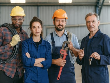 Vier spezialisierte Handwerker – ein Elektriker, ein Mechaniker, ein Anlagenbauer und ein Schlosser