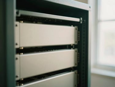 Close-up of clean physical server hardware in a well-ventilated cabinet, soft natural window light, muted forest green tones, shallow depth of field