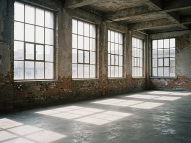 Wide-angle interior of an empty sunlit room with exposed brick and massive factory windows, high-contrast shadows, desaturated neutral tones.