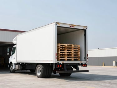 A clean white 26-foot refrigerated box truck backed up perfectly to a concrete loading dock, roll-up door open, showing a secure cargo bay with neatly stacked wooden pallets, bright daylight.