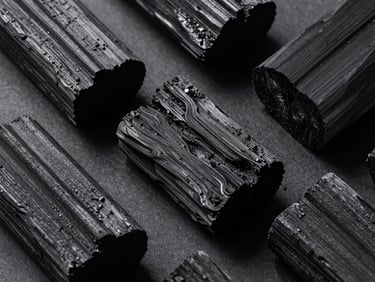 Extreme close-up overhead flat-lay of premium hardwood charcoal pieces arranged on a clean dark surface, controlled studio strobe lighting from above, sharp grain and texture detail visible, no hands, no flame