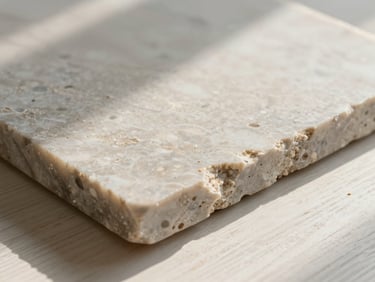 Close-up of raw material textures, a slab of honed travertine resting against a brushed white oak plank, soft shadows, diffused warm natural light.