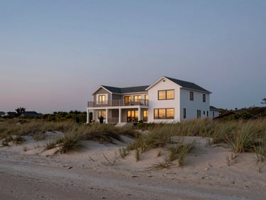A stunning, wide-angle landscape shot of a finished coastal residence sitting perfectly integrated among the low dunes of a Long Island beach at dusk.