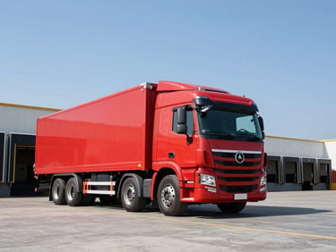 Wide-angle heroic shot under bright natural daylight of a modern red cargo truck at a clean Peruvian loading dock, high-contrast professional commercial photography, 35mm